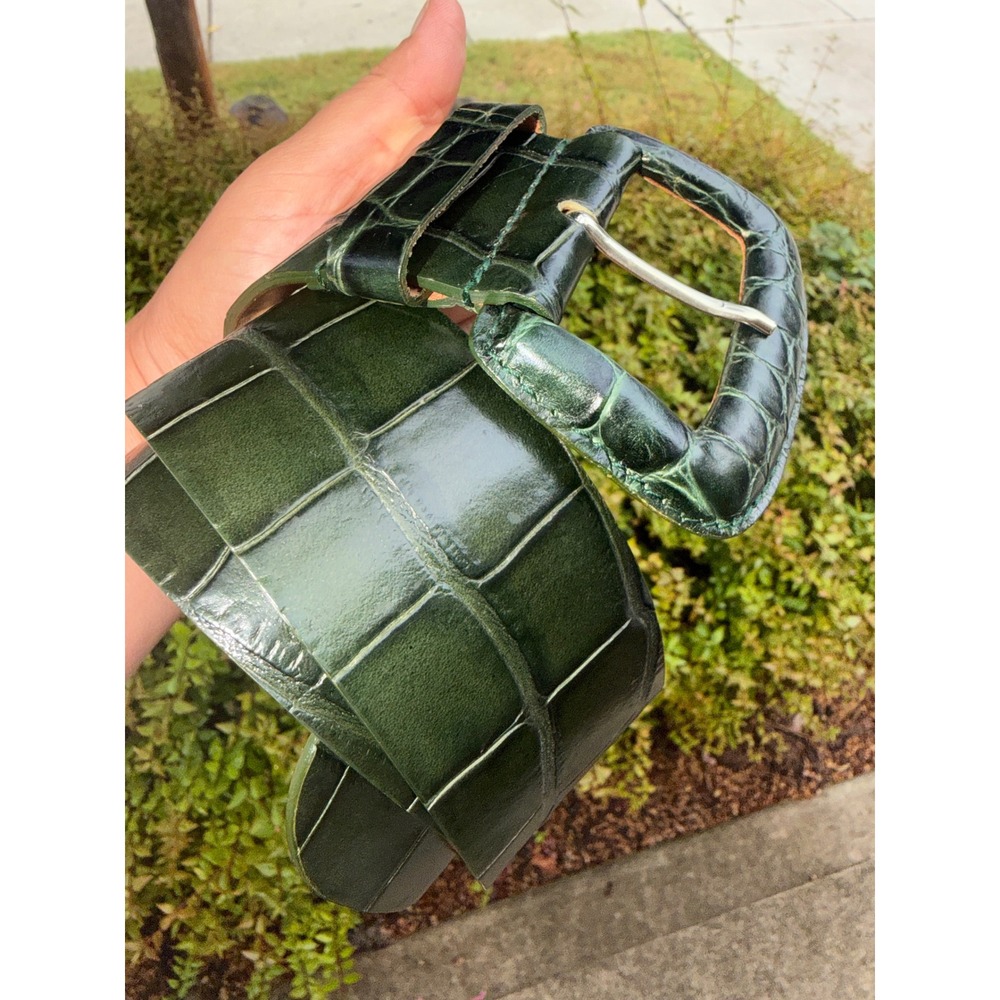 Vintage Furla Green Crocodile Embossed Leather Belt Made in Italy L